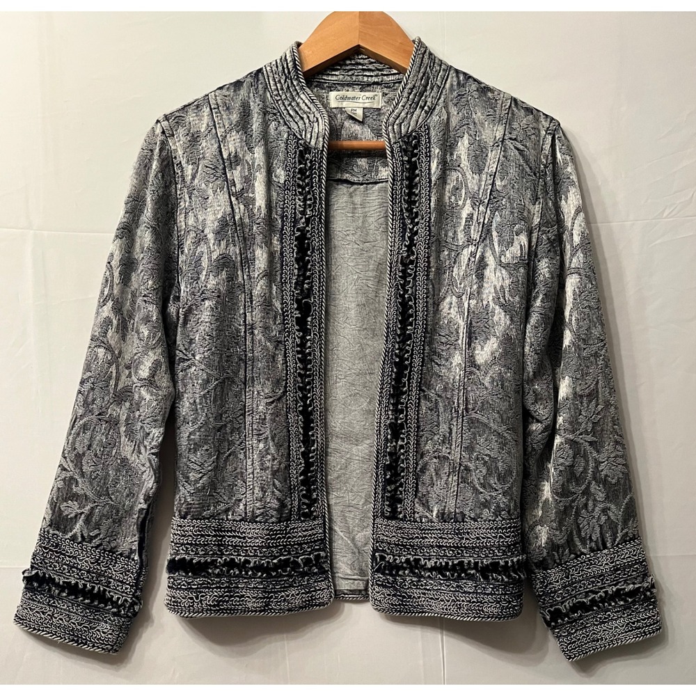 Coldwater Creek Grey Tapestry Velvet Trim Jacket | Coastal Grandmother